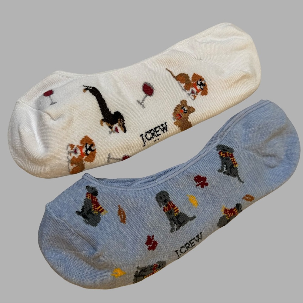 NWOT! JCREW ONE SZ WOMENS NO SHOW SOLD OUT DOGS W/ WINE & DOGS W/ LEAVES.NO SLIP